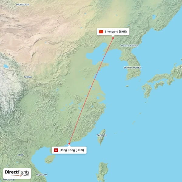 Hong Kong - Shenyang direct flight map