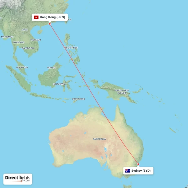 Hong Kong - Sydney direct flight map