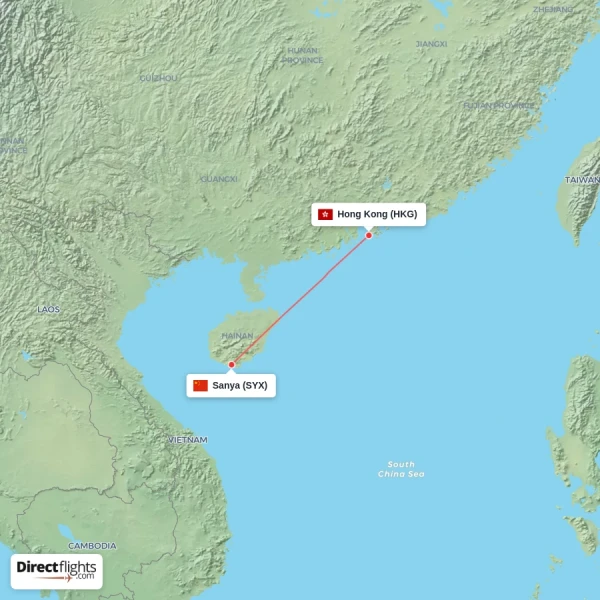 Hong Kong - Sanya direct flight map