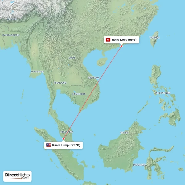 Hong Kong - Kuala Lumpur direct flight map