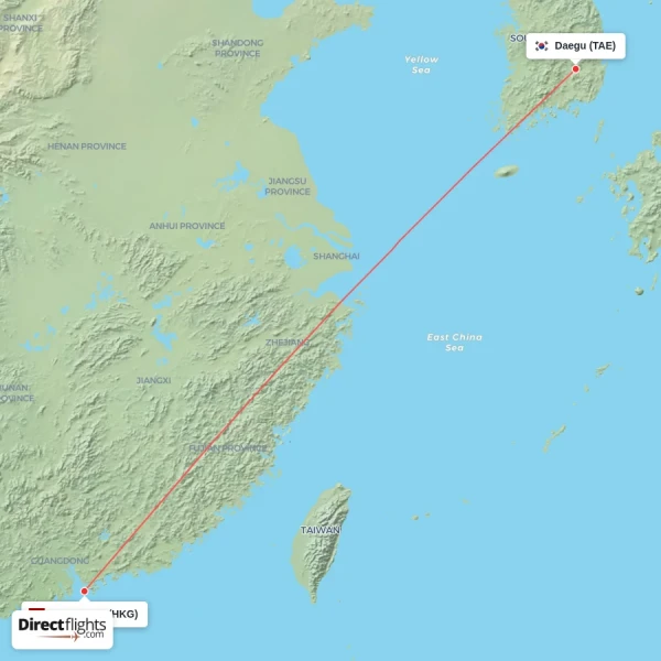 Hong Kong - Daegu direct flight map