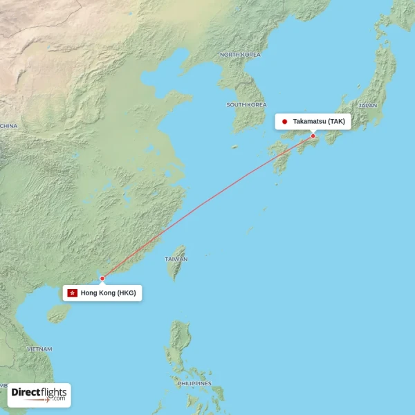 Hong Kong - Takamatsu direct flight map