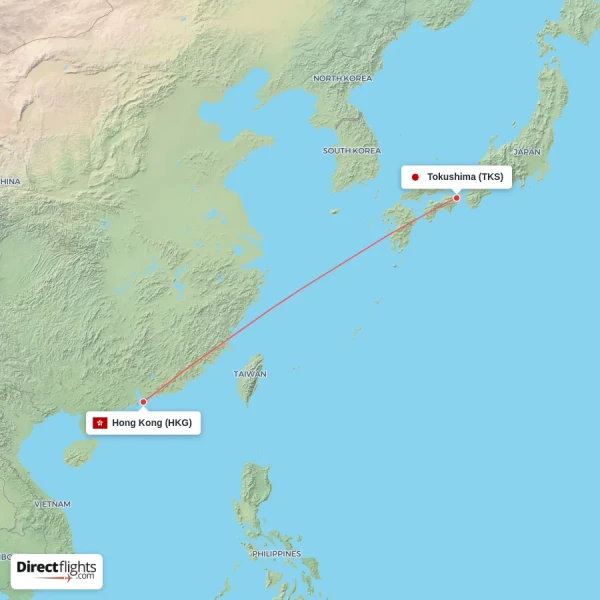 Hong Kong - Tokushima direct flight map