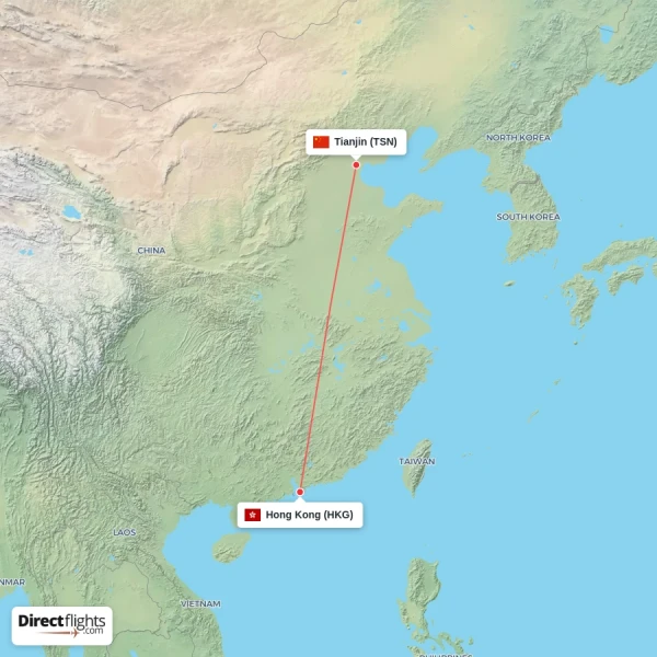 Hong Kong - Tianjin direct flight map