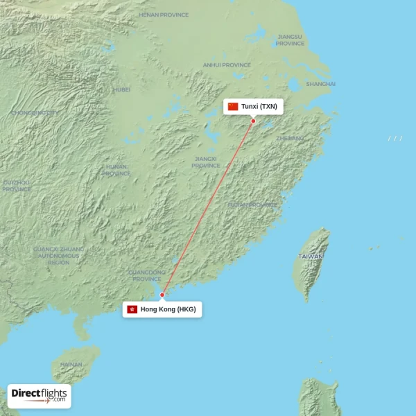 Hong Kong - Tunxi direct flight map