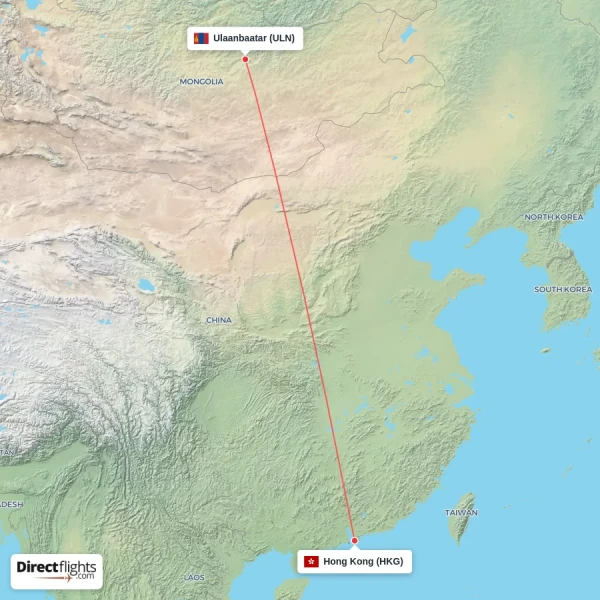 Hong Kong - Ulaanbaatar direct flight map