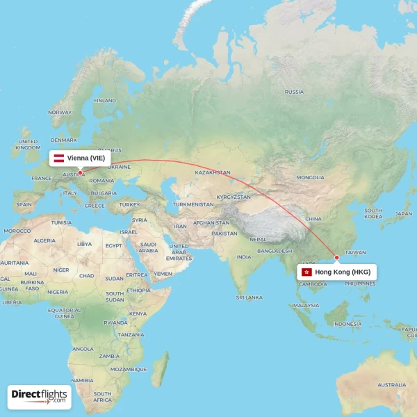 Hong Kong - Vienna direct flight map