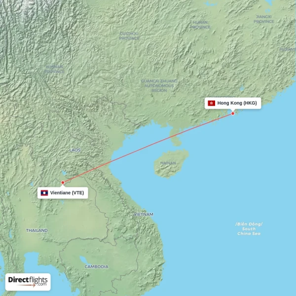 Hong Kong - Vientiane direct flight map