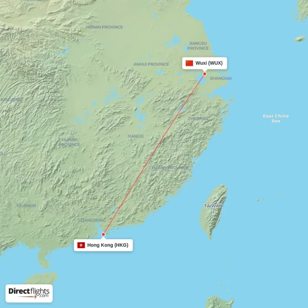Hong Kong - Wuxi direct flight map