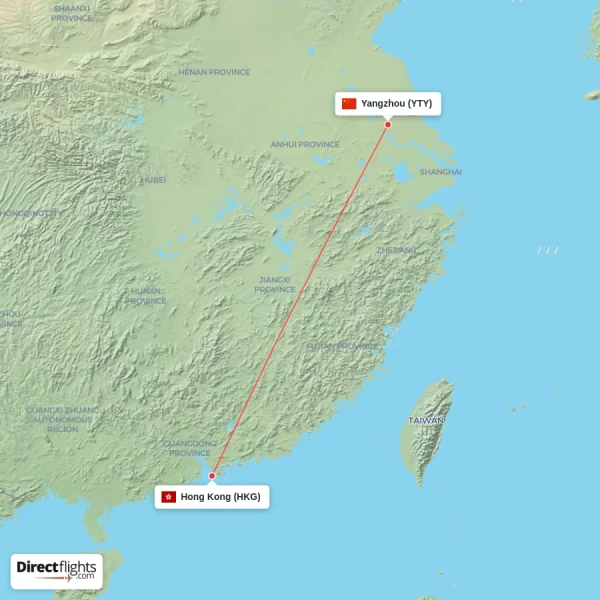 Hong Kong - Yangzhou direct flight map