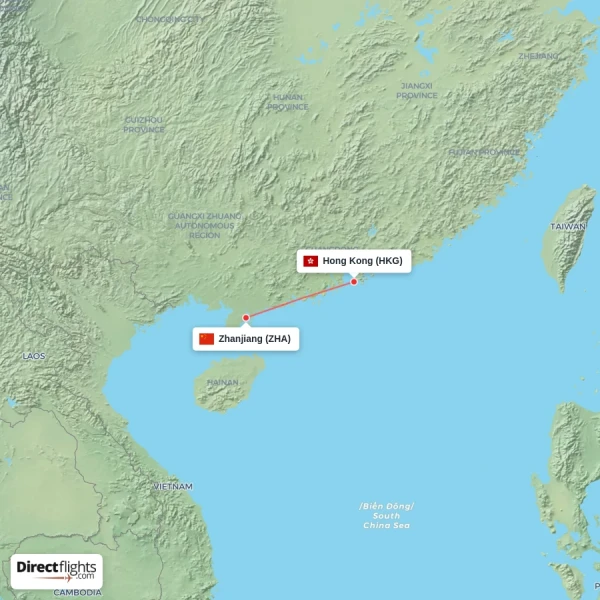 Hong Kong - Zhanjiang direct flight map