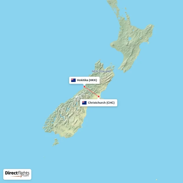 Hokitika - Christchurch direct flight map