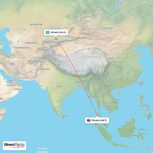 Phuket - Almaty direct flight map