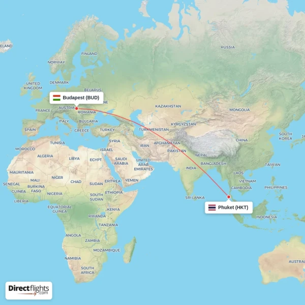 Phuket - Budapest direct flight map