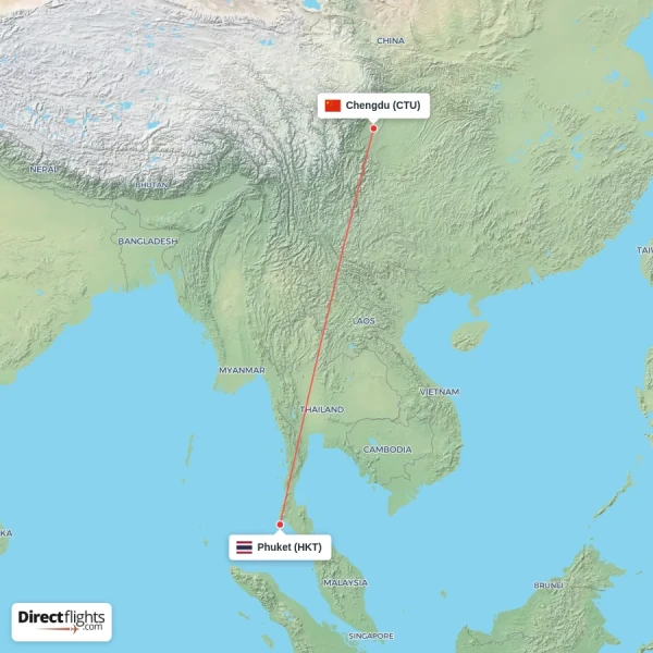 Phuket - Chengdu direct flight map