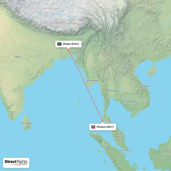 Phuket - Dhaka direct flight map