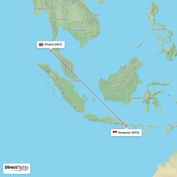 Phuket - Denpasar direct flight map