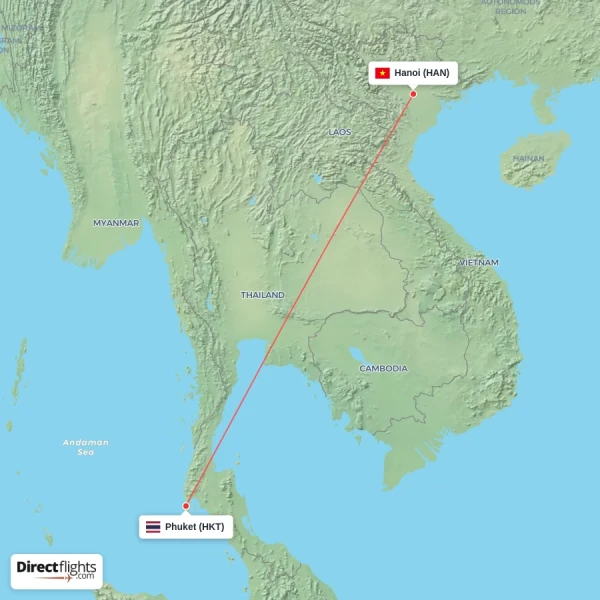 Phuket - Hanoi direct flight map