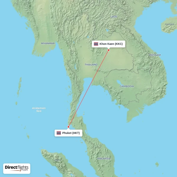 Phuket - Khon Kaen direct flight map