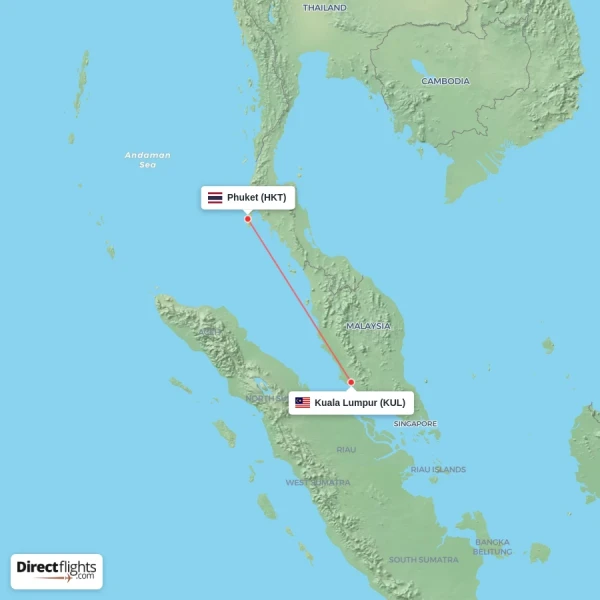 Phuket - Kuala Lumpur direct flight map