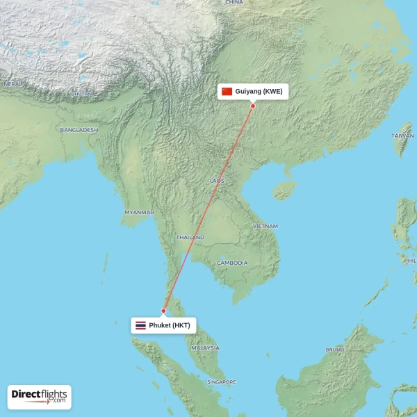 Phuket - Guiyang direct flight map