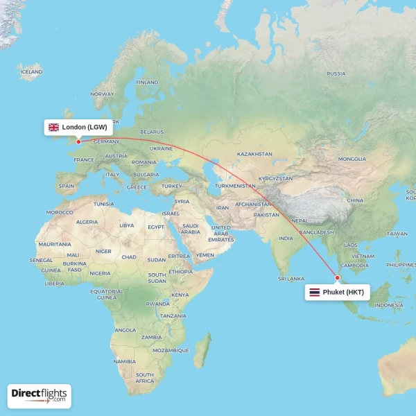 Phuket - London direct flight map