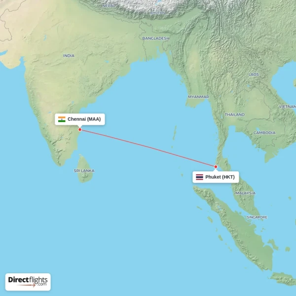 Phuket - Chennai direct flight map