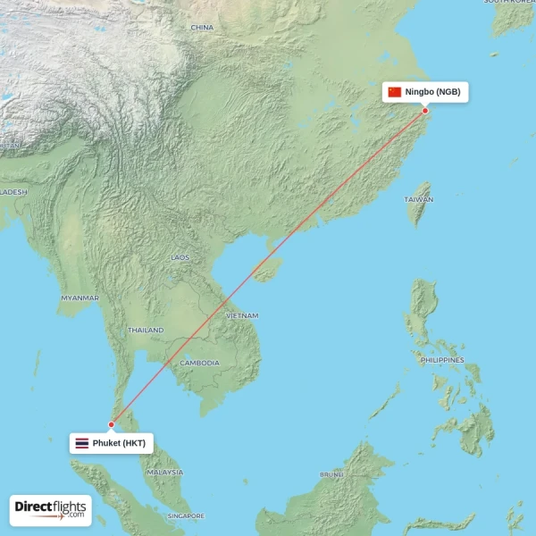 Phuket - Ningbo direct flight map