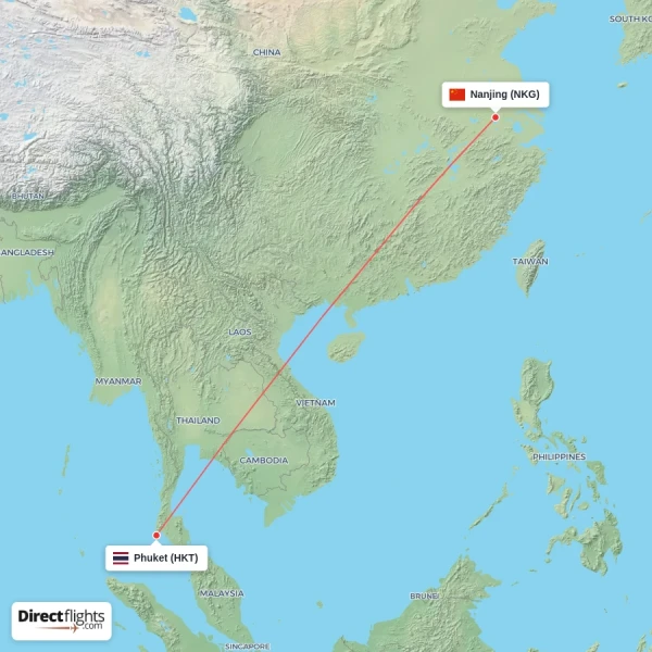 Phuket - Nanjing direct flight map