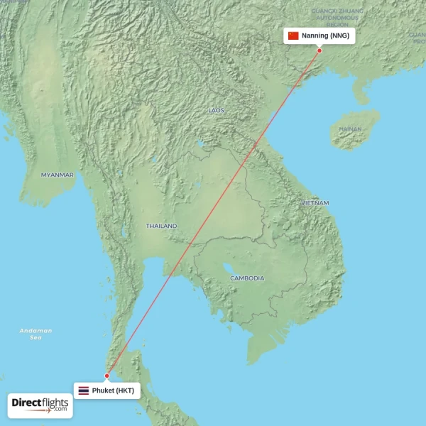 Phuket - Nanning direct flight map