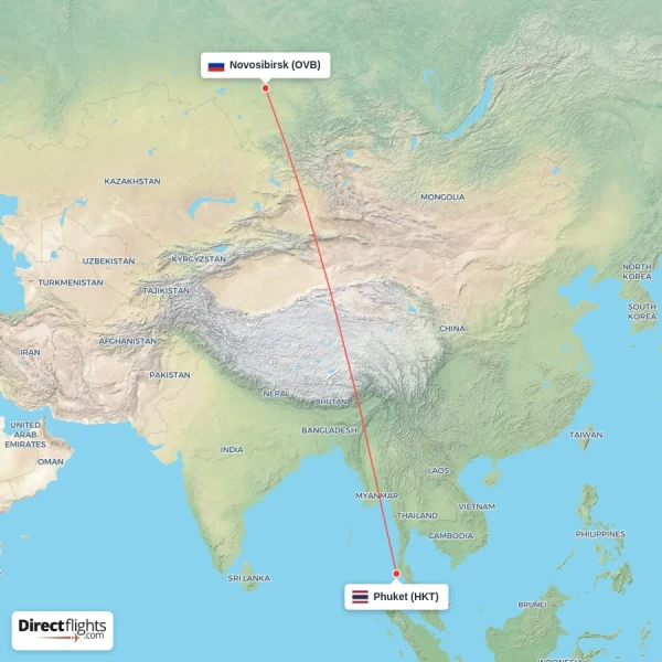 Phuket - Novosibirsk direct flight map
