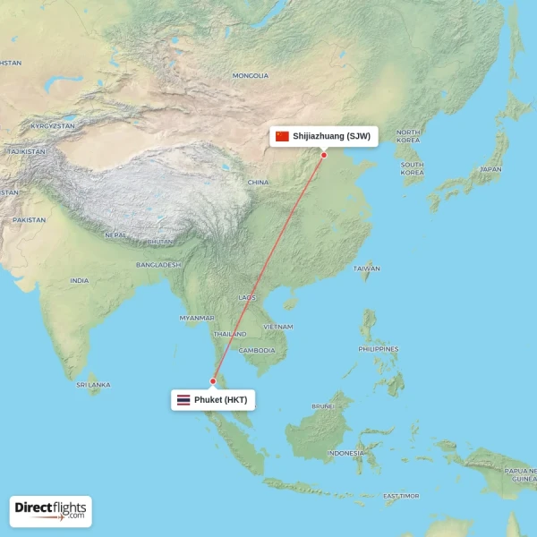 Phuket - Shijiazhuang direct flight map