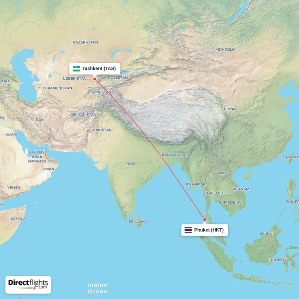 Phuket - Tashkent direct flight map