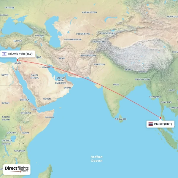 Phuket - Tel Aviv-Yafo direct flight map