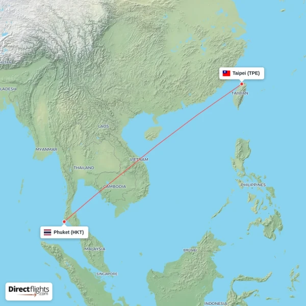 Phuket - Taipei direct flight map