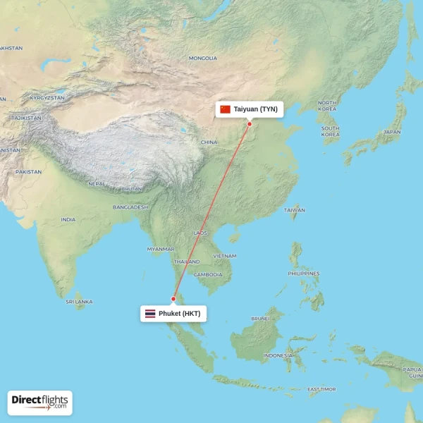 Phuket - Taiyuan direct flight map