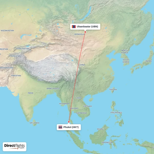 Phuket - Ulaanbaatar direct flight map