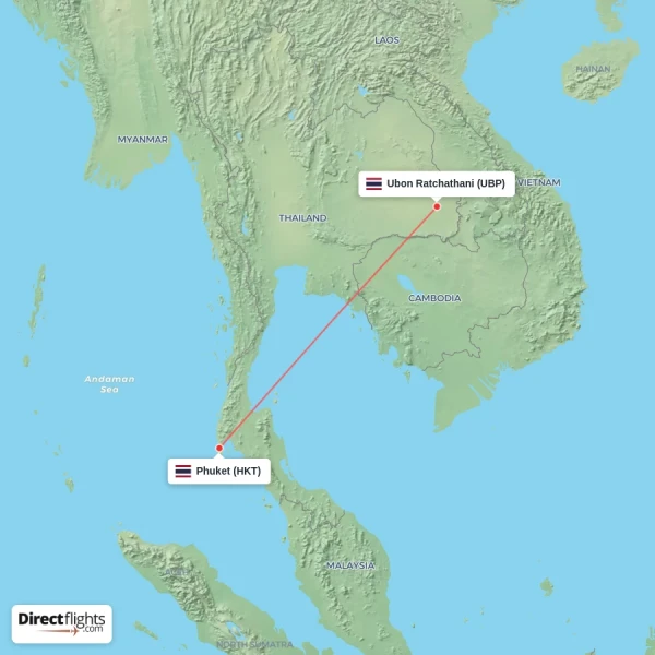 Phuket - Ubon Ratchathani direct flight map