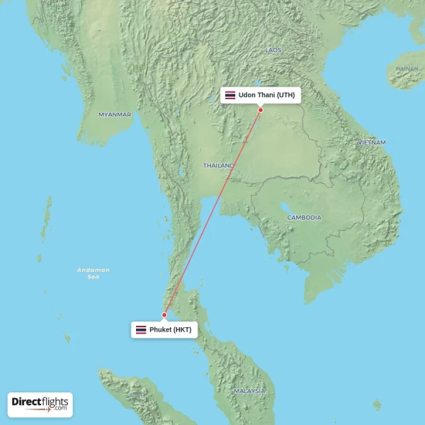 Phuket - Udon Thani direct flight map