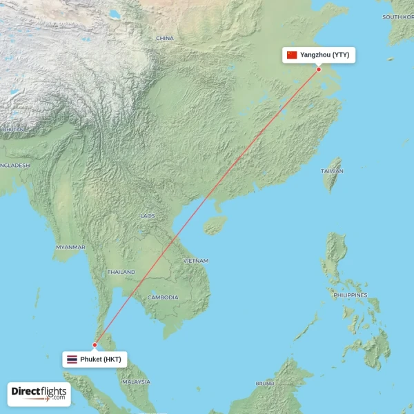 Phuket - Yangzhou direct flight map