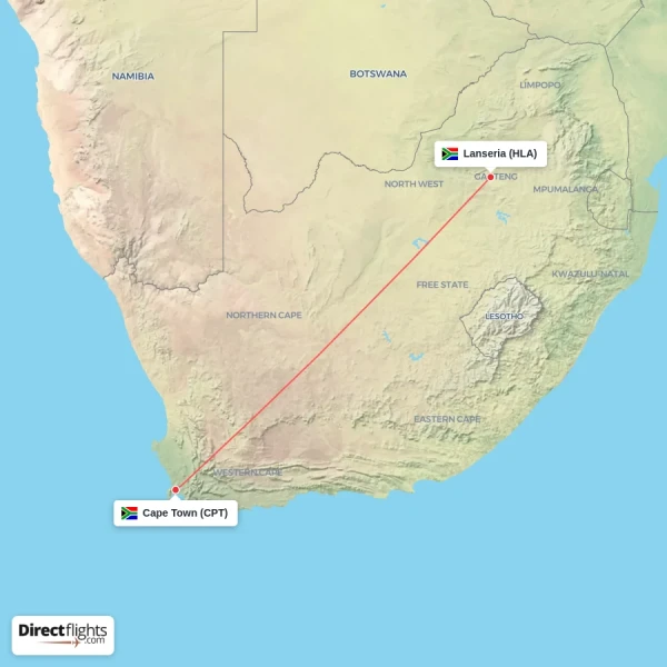 Lanseria - Cape Town direct flight map