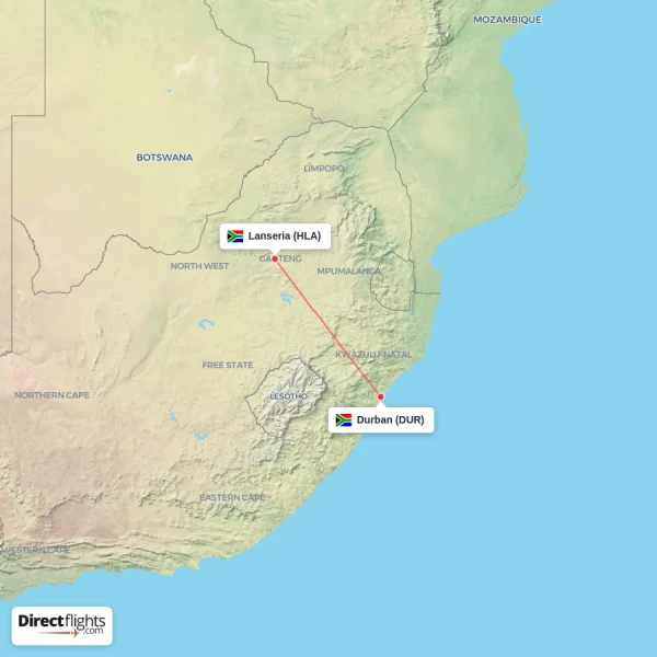 Lanseria - Durban direct flight map