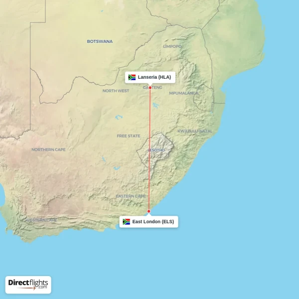 Lanseria - East London direct flight map