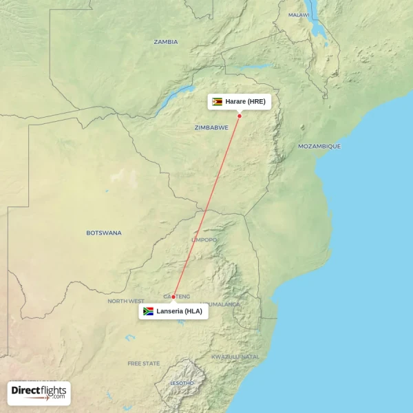 Lanseria - Harare direct flight map