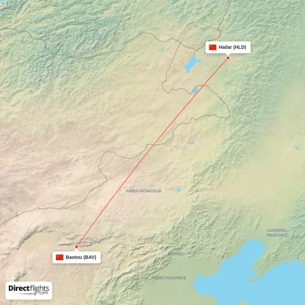 Hailar - Baotou direct flight map