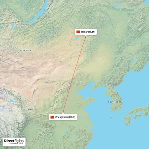 Hailar - Zhengzhou direct flight map