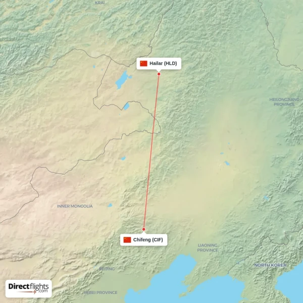 Hailar - Chifeng direct flight map