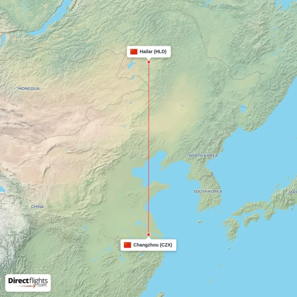 Hailar - Changzhou direct flight map