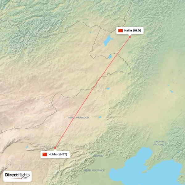 Hailar - Hohhot direct flight map