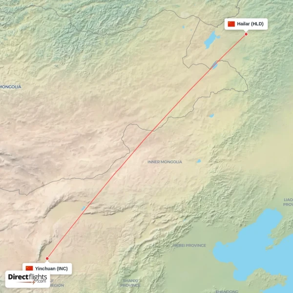 Hailar - Yinchuan direct flight map